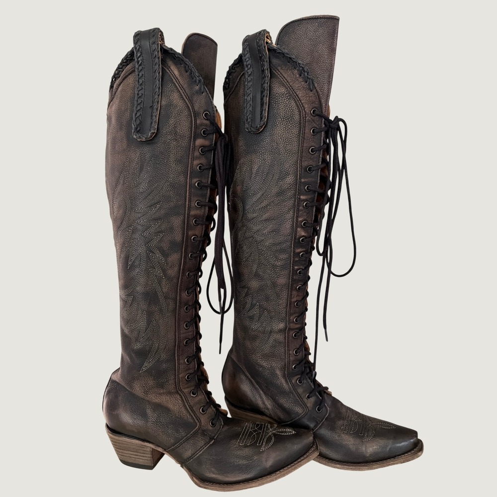 Freebird by Steven Wilder Distressed Leather Lace Up Over The Knee Boots 11